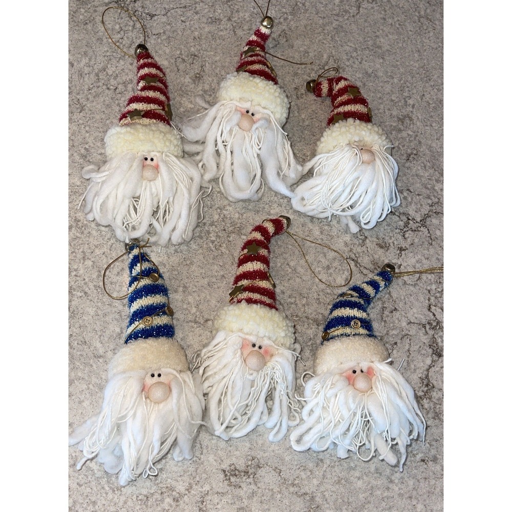 6 Santa Head Yarn Beard & Fabric Face Christmas Ornaments Cracker Barrel